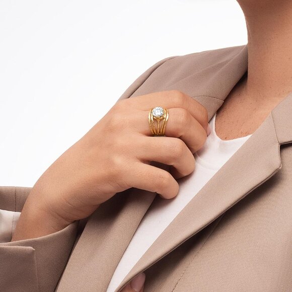 Women 14K Gold Over Sterling Silver Statement Rings With TCW Floating Cubic - Picture 2 of 8